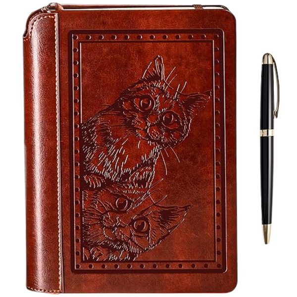 A brown vegan leather journal with a cat design embossed on the cover, accompanied by a luxurious black lacquered metal pen with gold trim.