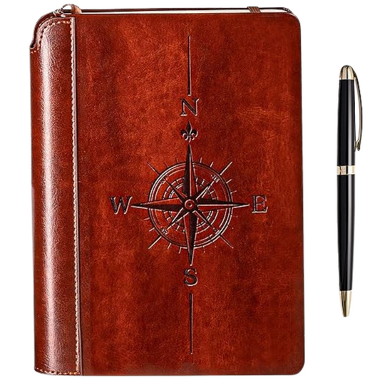 SETTINI® Lined Journal - Compass Journal for Writing Gift Set - Hardcover Vegan Leather, Includes Luxury Pen in a Unique Pen Holder, 192 Pages, 6 x 8.5 inches, Birthday Gifts for Men