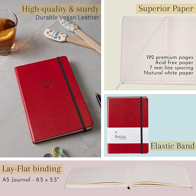 Lined Journal - A5 Vegan Leather Notebook, 192 Archival-Quality Pages, QuillEase Bleed-Free Paper, Inner Pocket & Bookmark, Ideal for Journaling - Red Heart