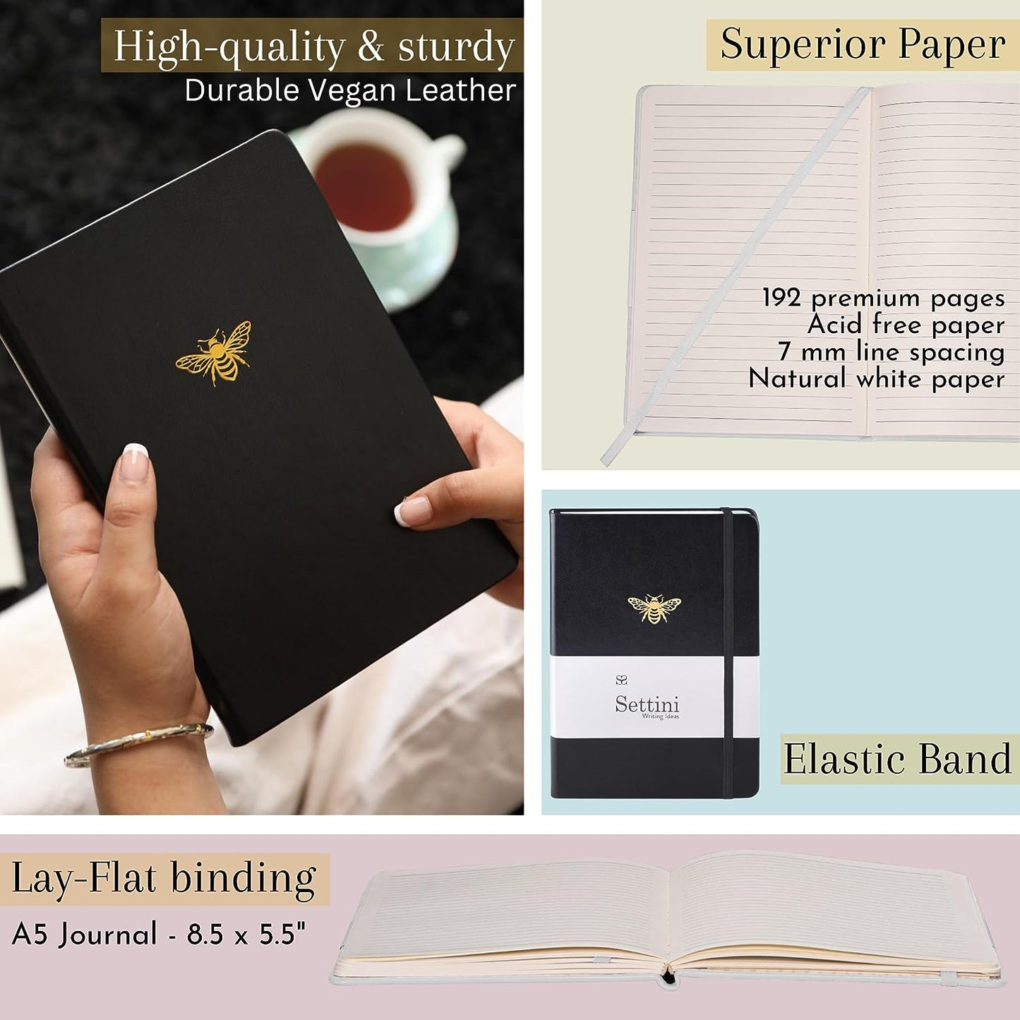 Lined Journal - A5 Vegan Leather Notebook, 192 Archival-Quality Pages, QuillEase Bleed-Free Paper, Inner Pocket & Bookmark, Ideal for Journaling - Black Bee