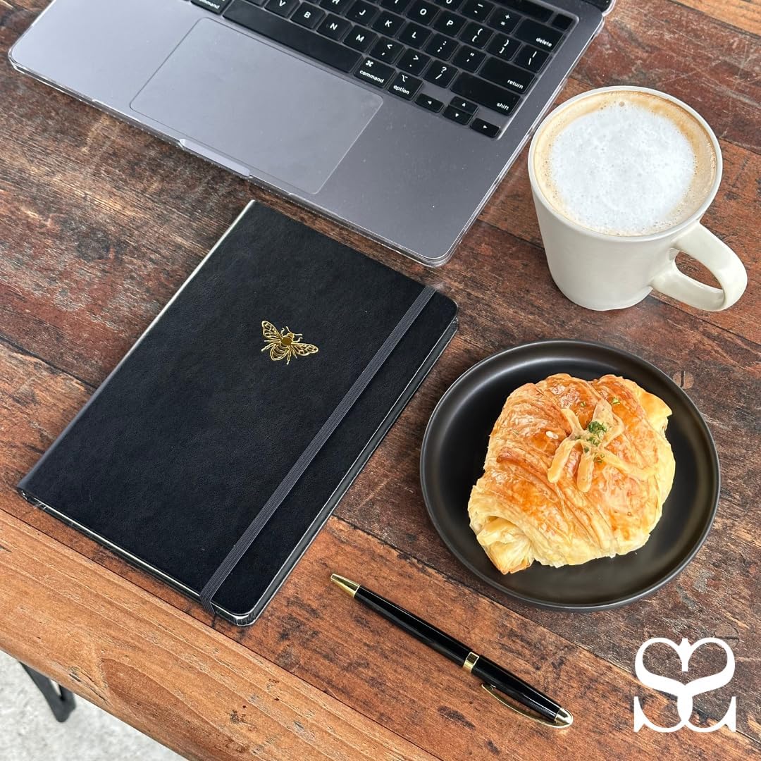 Lined Journal - A5 Vegan Leather Notebook, 192 Archival-Quality Pages, QuillEase Bleed-Free Paper, Inner Pocket & Bookmark, Ideal for Journaling - Black Bee