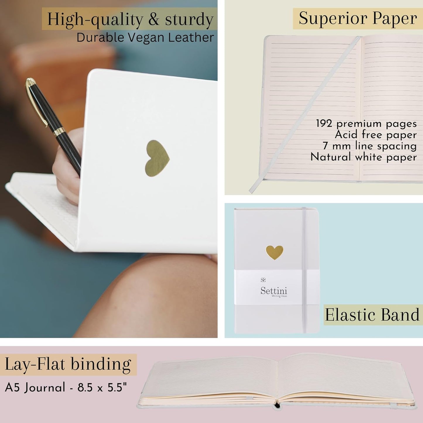 Lined Journal - A5 Vegan Leather Notebook, 192 Archival-Quality Pages, QuillEase Bleed-Free Paper, Inner Pocket & Bookmark, Ideal for Journaling - White Heart
