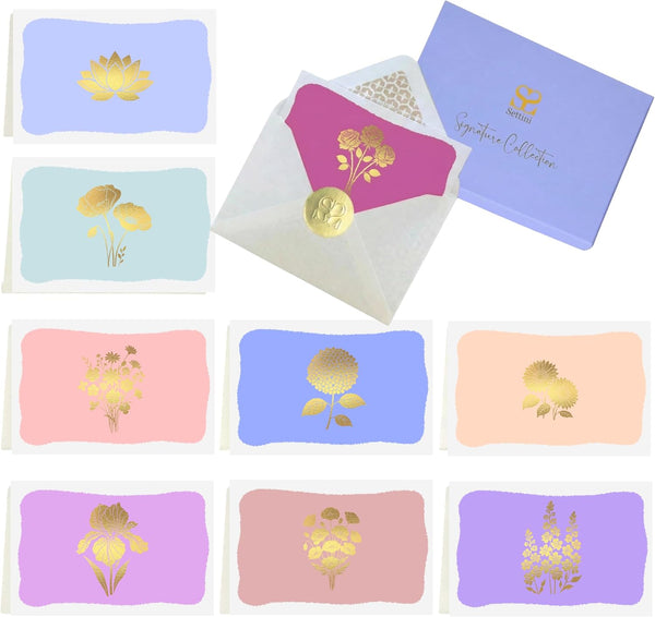 SETTINI® Blank Floral Note Cards, 18 Pack Assorted Flower Greeting Cards, 9 Gold Foil Floral Designs with Stickers and Envelopes, 6" x 4"