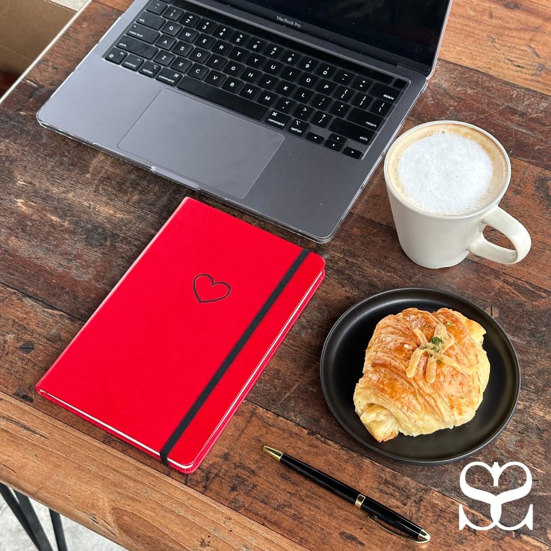 Lined Journal - A5 Vegan Leather Notebook, 192 Archival-Quality Pages, QuillEase Bleed-Free Paper, Inner Pocket & Bookmark, Ideal for Journaling - Red Heart