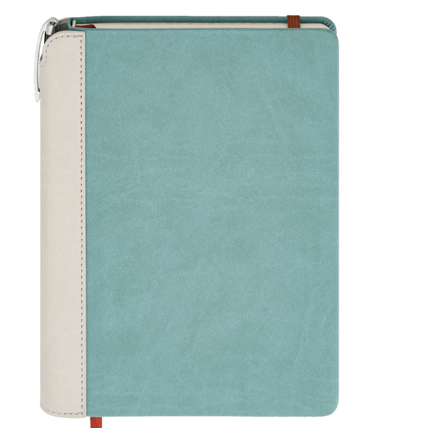 A teal and gray vegan leather journal with a pen holder on the spine, featuring a zipper closure.