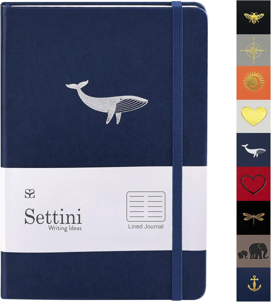 Lined Journal - A5 Vegan Leather Notebook, 192 Archival-Quality Pages, QuillEase Bleed-Free Paper, Inner Pocket & Bookmark, Ideal for Journaling - Navy Whale