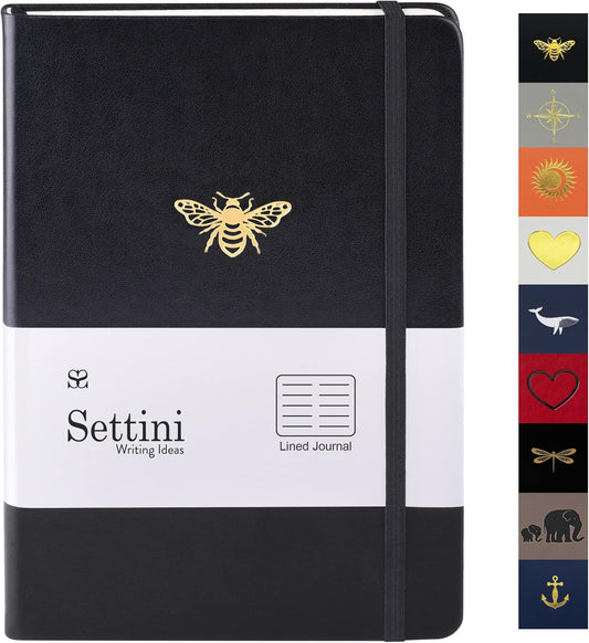 Lined Journal - A5 Vegan Leather Notebook, 192 Archival-Quality Pages, QuillEase Bleed-Free Paper, Inner Pocket & Bookmark, Ideal for Journaling - Black Bee
