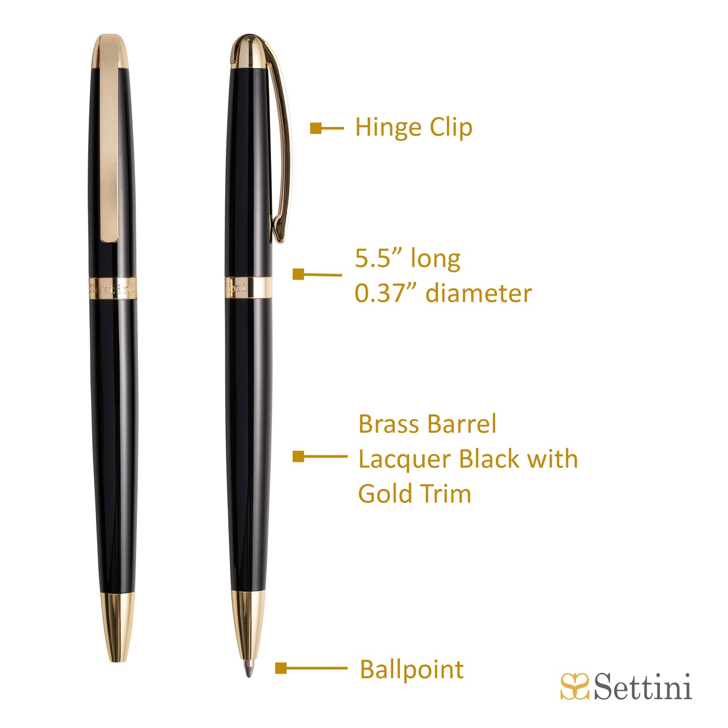SETTINI® Milano Luxury Pen - Lacquer Black with Gold Trim Ballpoint. German Black Ink, Hinged Clip. Ideal Executive Gift. Elegant & Professional