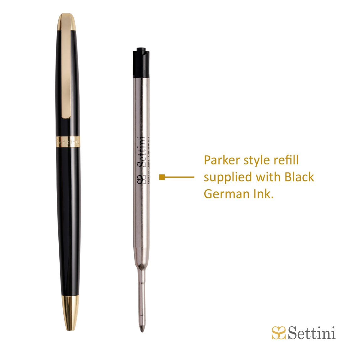 SETTINI® Milano Luxury Pen - Lacquer Black with Gold Trim Ballpoint. German Black Ink, Hinged Clip. Ideal Executive Gift. Elegant & Professional