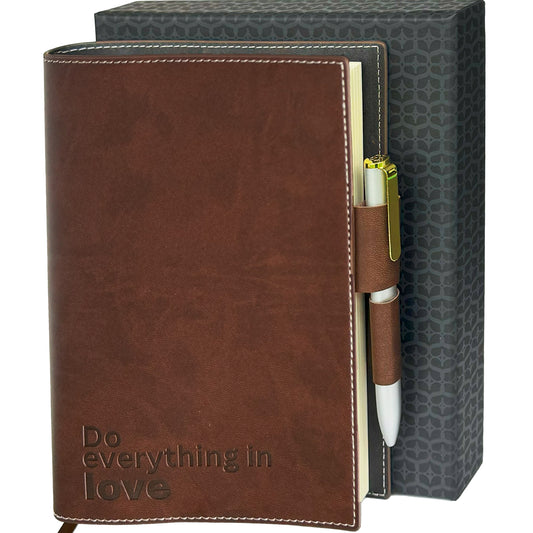 SETTINI® Refillable Christian Journal - Do Everything in Love Brown Notebook with Premium Pen, A5 Lined Paper, 8.75 x 6 inches, 256 Pages of 100gsm, Beautiful Gift Box Included