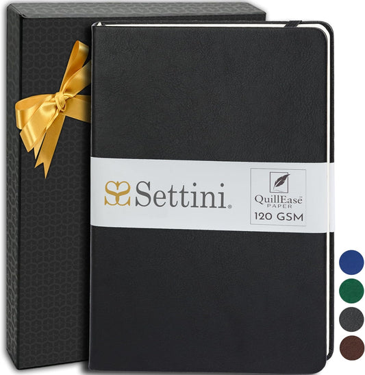 Journal Notebook for Writing, Vegan Leather Hardcover Notebook - Pen loop, Back Pockets & Lay-Flat design, 120 GSM A5 College ruled Bleed free Paper, Gift Set for Men and Women, Onyx Black