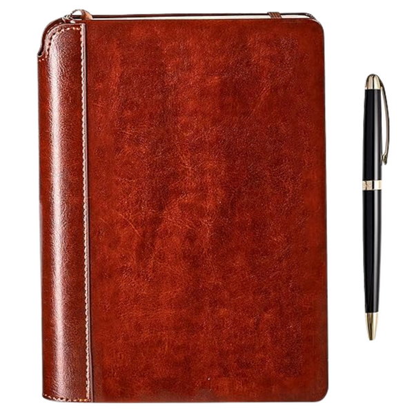 A brown vegan leather journal with a classic design, accompanied by a luxurious pen with gold trim. The journal is closed and the pen is displayed to its right.