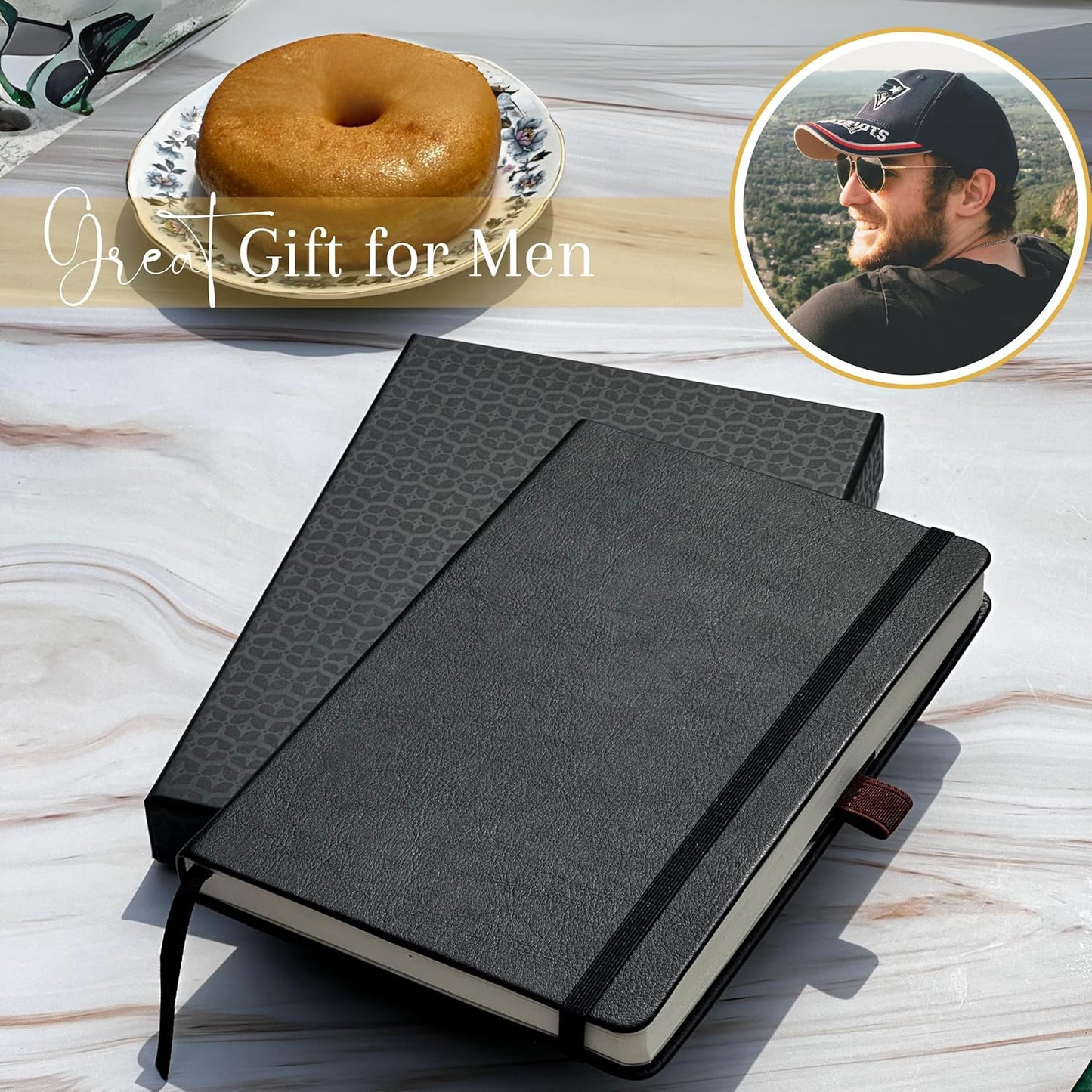 Journal Notebook for Writing, Vegan Leather Hardcover Notebook - Pen loop, Back Pockets & Lay-Flat design, 120 GSM A5 College ruled Bleed free Paper, Gift Set for Men and Women, Onyx Black