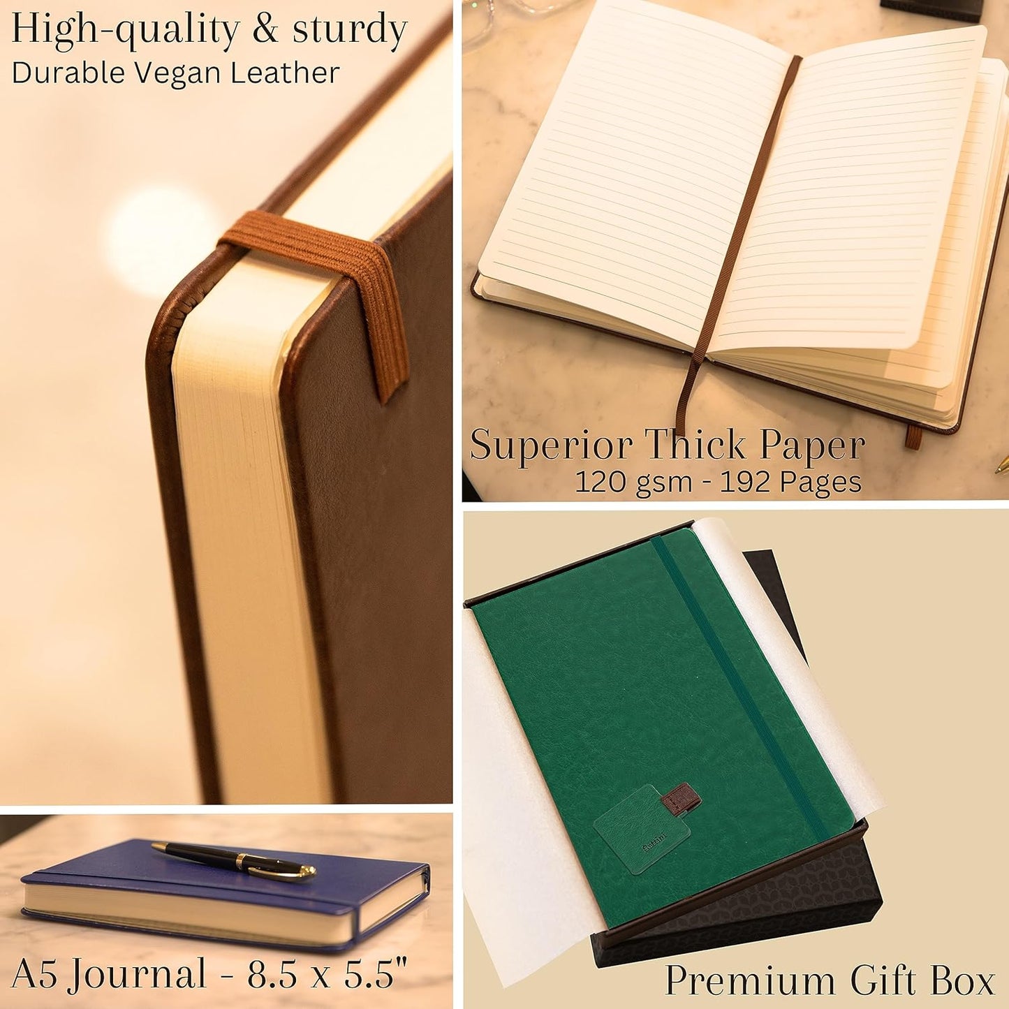 Journal Notebook for Writing, Vegan Leather Hardcover Notebook - Pen loop, Back Pockets & Lay-Flat design, 120 GSM A5 College ruled Bleed free Paper, Gift Set for Men and Women, Saphire Blue