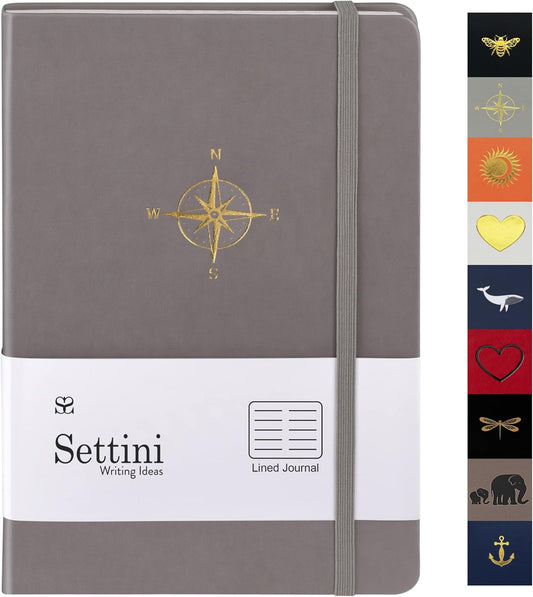 Lined Journal - A5 Vegan Leather Notebook, 192 Archival-Quality Pages, QuillEase Bleed-Free Paper, Inner Pocket & Bookmark, Ideal for Journaling - Grey Compass