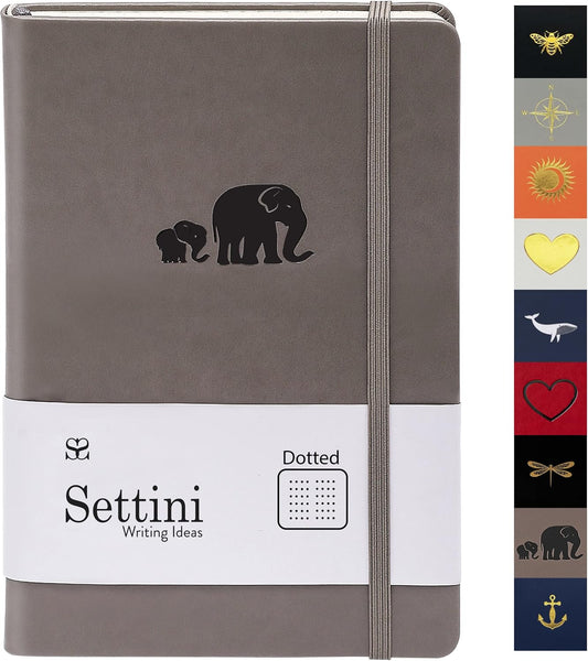 Dotted Journal - A5 Vegan Leather Notebook, 192 Archival-Quality Pages, QuillEase Bleed-Free Paper, Inner Pocket & Bookmark, Ideal for Bullet Journaling - Grey Elephants
