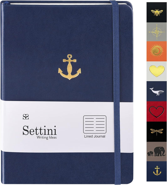 Lined Journal - A5 Vegan Leather Notebook, 192 Archival-Quality Pages, QuillEase Bleed-Free Paper, Inner Pocket & Bookmark, Ideal for Journaling - Navy Anchor