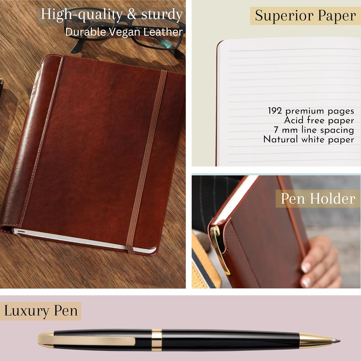 SETTINI® Lined Journal - Classic Journal for Writing Gift Set - Hardcover Vegan Leather, Includes Luxury Pen in a Unique Pen Holder, 192 Pages, 6 x 8.5 inches, Birthday Gifts for Men