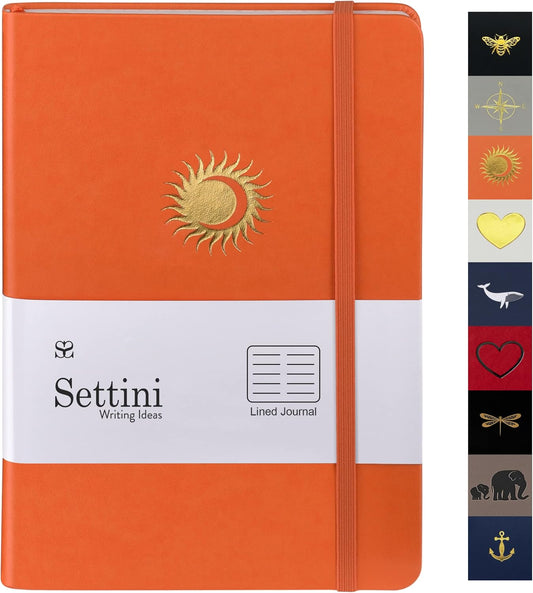 Lined Journal - A5 Vegan Leather Notebook, 192 Archival-Quality Pages, QuillEase Bleed-Free Paper, Inner Pocket & Bookmark, Ideal for Journaling - Orange Sun