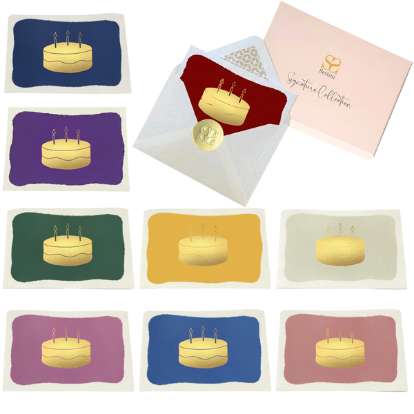Set of greeting cards with a cake illustration on various colored backgrounds, featuring a brand name.