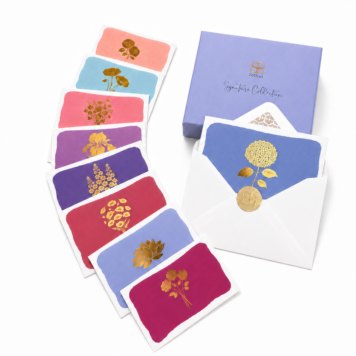 SETTINI® Blank Floral Note Cards, 18 Pack Assorted Flower Greeting Cards, 9 Gold Foil Floral Designs with Stickers and Envelopes, 6" x 4"